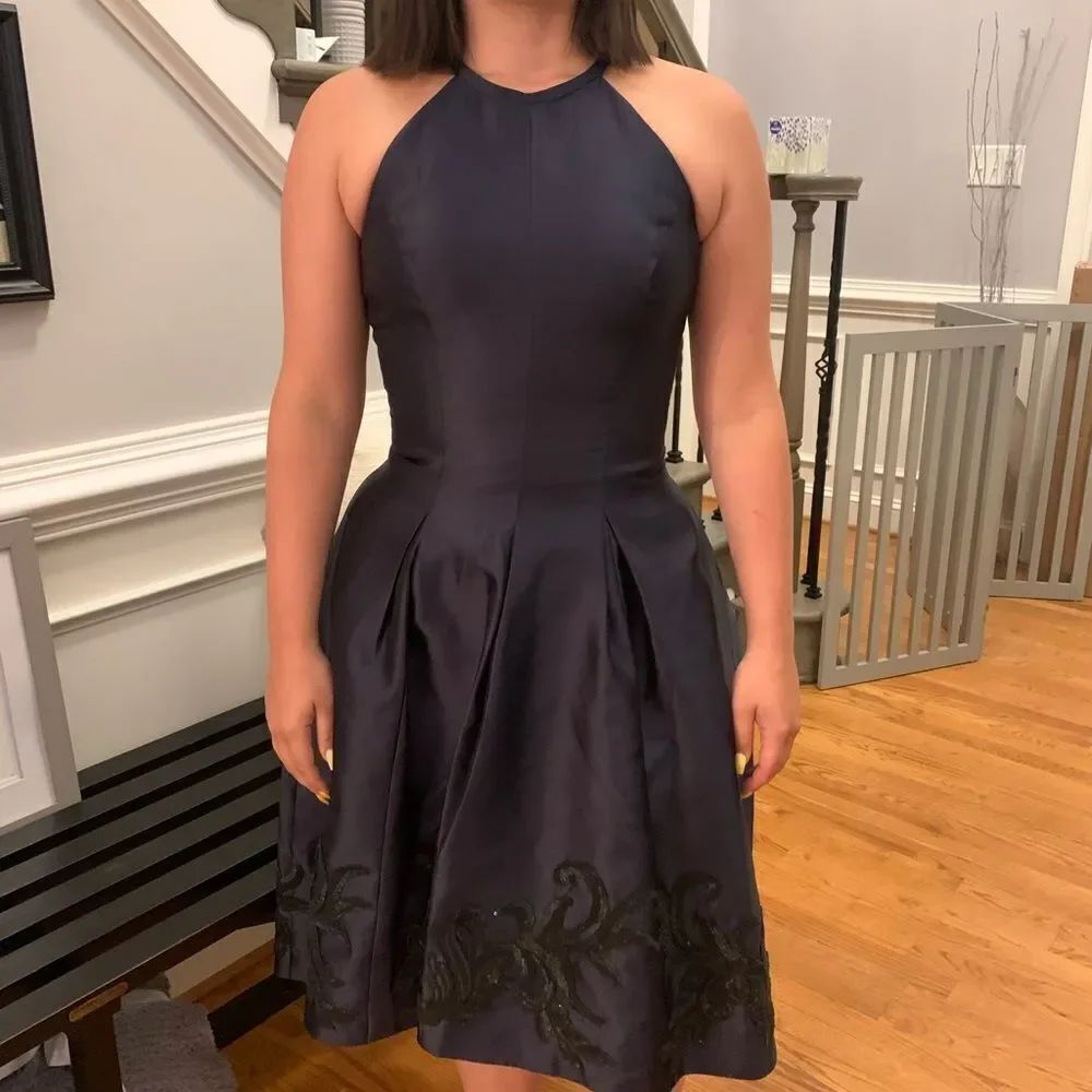 Carmen Marc Valvo Navy High Lo Cocktail Dress 4
